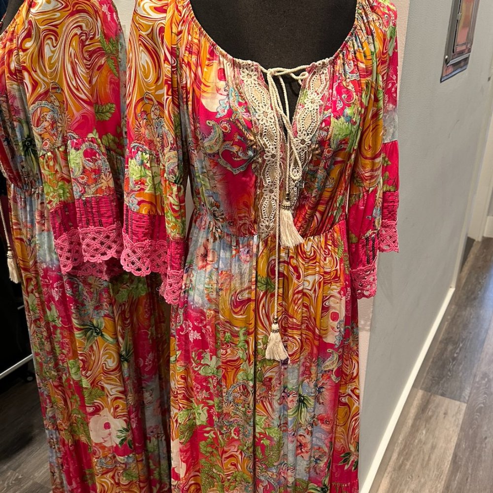 New Collection BoHo Maxi dress with sequin and crochet detail NWT